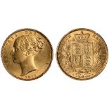 British Coins, Victoria, sovereign, 1853, WW in relief, young head l., rev. crowned shield of arms