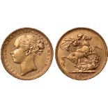 British Coins, Victoria, sovereign, 1871, WW buried in narrow truncation, horse with short tail,