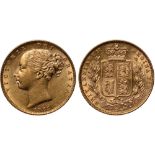 British Coins, Victoria, sovereign, 1883M, young head l., rev. crowned shield of arms within wreath,