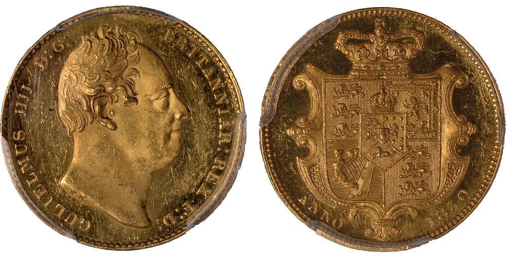 British Coins, William IV, pattern sovereign, 1830, plain edge, second portrait, bare head r.,