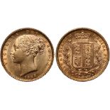 British Coins, Victoria, sovereign, 1885S, young head l., rev. crowned shield of arms within wreath,