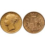 British Coins, Victoria, sovereign, 1881M, young head l., rev. crowned shield of arms within wreath,