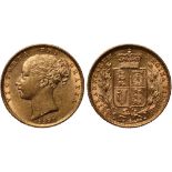 British Coins, Victoria, sovereign, 1881S, young head l., rev. crowned shield of arms within wreath,