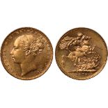 British Coins, Victoria, sovereign, 1871, WW buried in narrow truncation, horse with long tail,