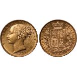 British Coins, Victoria, sovereign, 1885M, young head l., rev. crowned shield of arms within wreath,