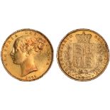 British Coins, Victoria, sovereign, 1855, WW in relief, young head l., rev. crowned shield of arms