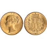 British Coins, Victoria, sovereign, 1845, closer date, young head l., rev. crowned shield of arms