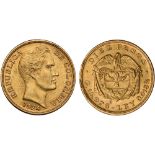 G Foreign Coins, Colombia, Republic, 10 pesos, 1924B, bare head of Bolivar r., rev. shield of