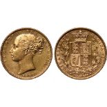 British Coins, Victoria, sovereign, 1880M, young head l., rev. crowned shield of arms within wreath,