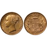 British Coins, Victoria, sovereign, 1877S, young head l., rev. crowned shield of arms within wreath,