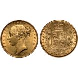 British Coins, Victoria, sovereign, 1854, WW in relief, young head l., rev. crowned shield of arms