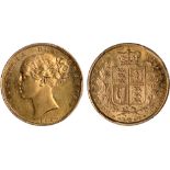 British Coins, Victoria, sovereign, 1856, young head l., rev. crowned shield of arms within