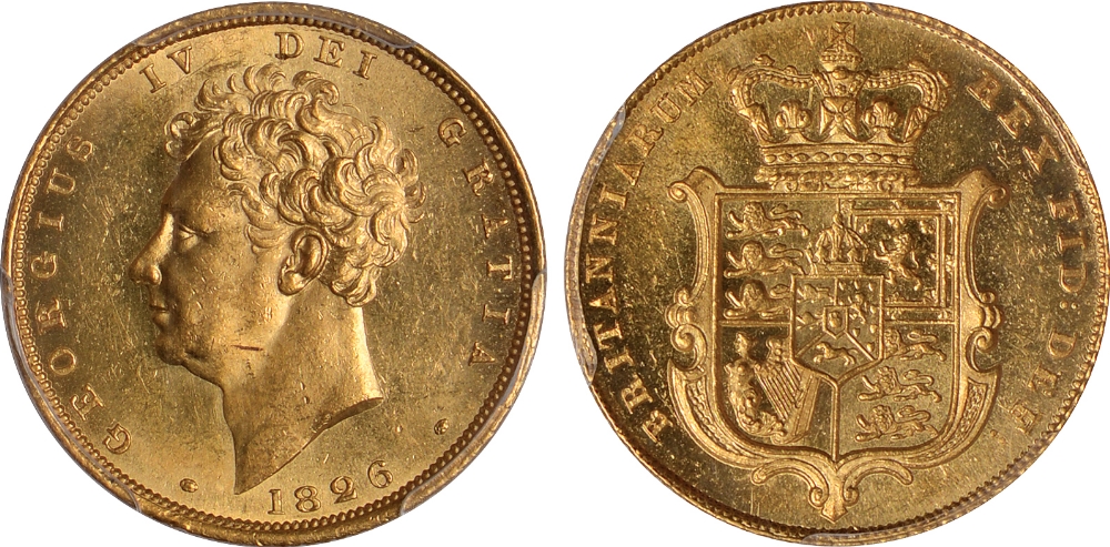 British Coins, George IV, sovereign, 1826, bare head l., rev. crowned shield of arms (S.3801),