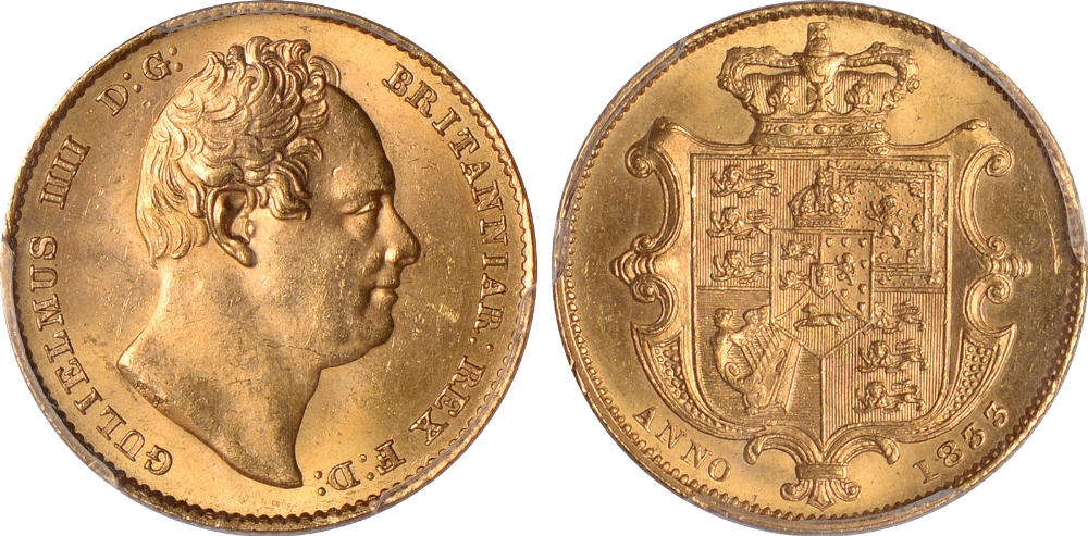 British Coins, William IV, sovereign, 1833, bare head r., rev. crowned shield of arms (S.3829B),