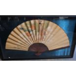 A large Japanese fan in bespoke display case, the ebonised frame,