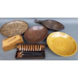 A collection of treen including turned mango wood bowls, Art Deco box,