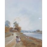 J.W Gozzard watercolour ladies walking by a river with bridge and cottage beyond, 37 x 29.