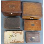 A collection of cased drawing sets including leather cased example and a tea caddy