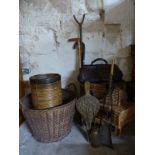 Wicker log basket, wicker metal bound stick stand with sticks, fireside implements, bellows,