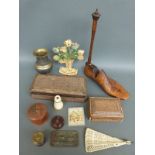 A quantity of collectables to include ivory monocular, carved boxes, 1916 wagon Metro plate,