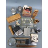 A quantity of collectables including glass inkwell, gramophone needles, wooden items,