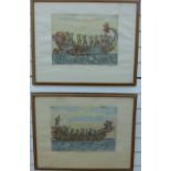 A pair of late 17thC framed prints from a set of 13 plates recording barges with figures in exotic