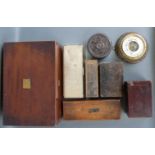 A 19thC mahogany writing slope, glove box, plated cigarette box, barometer,
