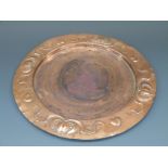 Arts and Crafts / Art Nouveau copper charger with embossed border, stamped J.S. & S.B, 31.