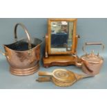 A copper coal scuttle, kettle,