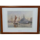 Frank Shipsides signed print of HMS Belfast, Thames barge and Tower Bridge,