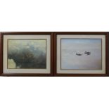 Two Coulson framed prints, one depicting three Hurricanes in flight, the other a single Spitfire,