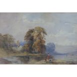 R Barclay 19thC watercolour figures and cattle by a waterway with church beyond,