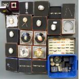 A collection of boxed jewellery including some marked sterling, hardstone/glass rings,