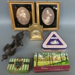 A quantity of collectables to include Kenrick cast iron door knocker, framed pictures, Swiza clock,