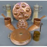 Metalware to include copper jelly mould, spirit warmers,