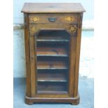 A 19thC walnut inlaid music cabinet with single drawer and glazed cupboard,