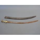 Indian Tulwar with brass handle and leather covered scabbard,