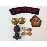 A collection of WWII related Royal Artillery ephemera to include a pair of white metal cufflinks,