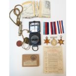 WWII medals awarded to A R Ellis, together with escape map, compass,