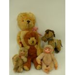 Five vintage teddy bears including mohair monkeys and a donkey,