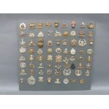 A display of 70 WWI British Infantry cap badges including Royal Dublin Fusiliers, Leinster,