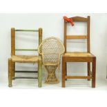 Three doll's or child's chairs, two with rush seats,