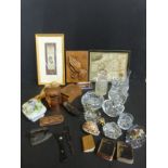 After Albrecht Durer carved hands plaque, copper money box, treen, miniature books, cut glass,