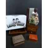 Chinese hardwood travelling vanity/ jewellery box with folding mirrored lid, wooden tray,