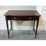 A late 19th/20thC mahogany hall table with single serpentine fronted drawer raised on brass castors,