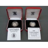 Two cased Royal Mint UK silver proof Piedfort £1 coins, one for 1988, the other 1989,