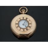 J W Benson 9ct gold keyless winding half hunter gentleman's pocket watch with black enamel Roman