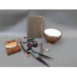 Collectables including mole trap, shears, playing cards, Victorian work book, cased measuring glass,