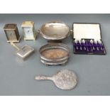 A quantity of silver plate to include pedestal bowl, pierced dish, carriage clocks, cased cutlery,