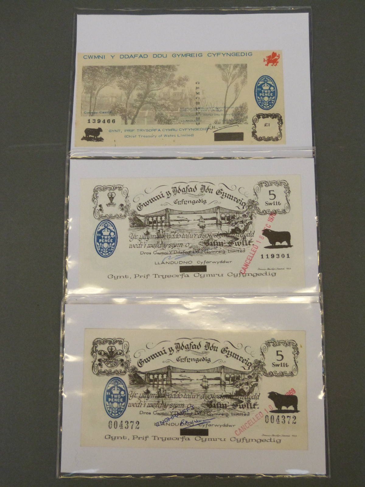 Three Welsh Black Sheep comprising a £1 example and two 5 swllt (shilling)